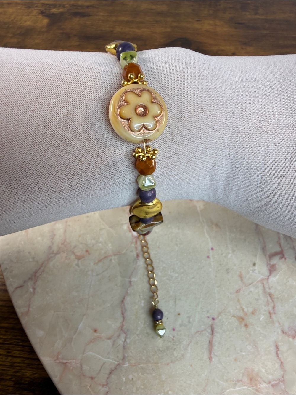 Gold-Tone Floral Bracelet with Yellow and Purple Beads